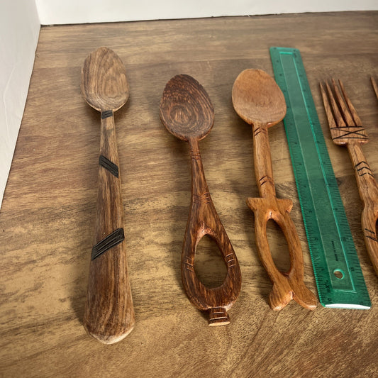 Lot Of 6 Hand Carved Wood Utensils 3 Spoons 3 Forks 10” To 12” Long