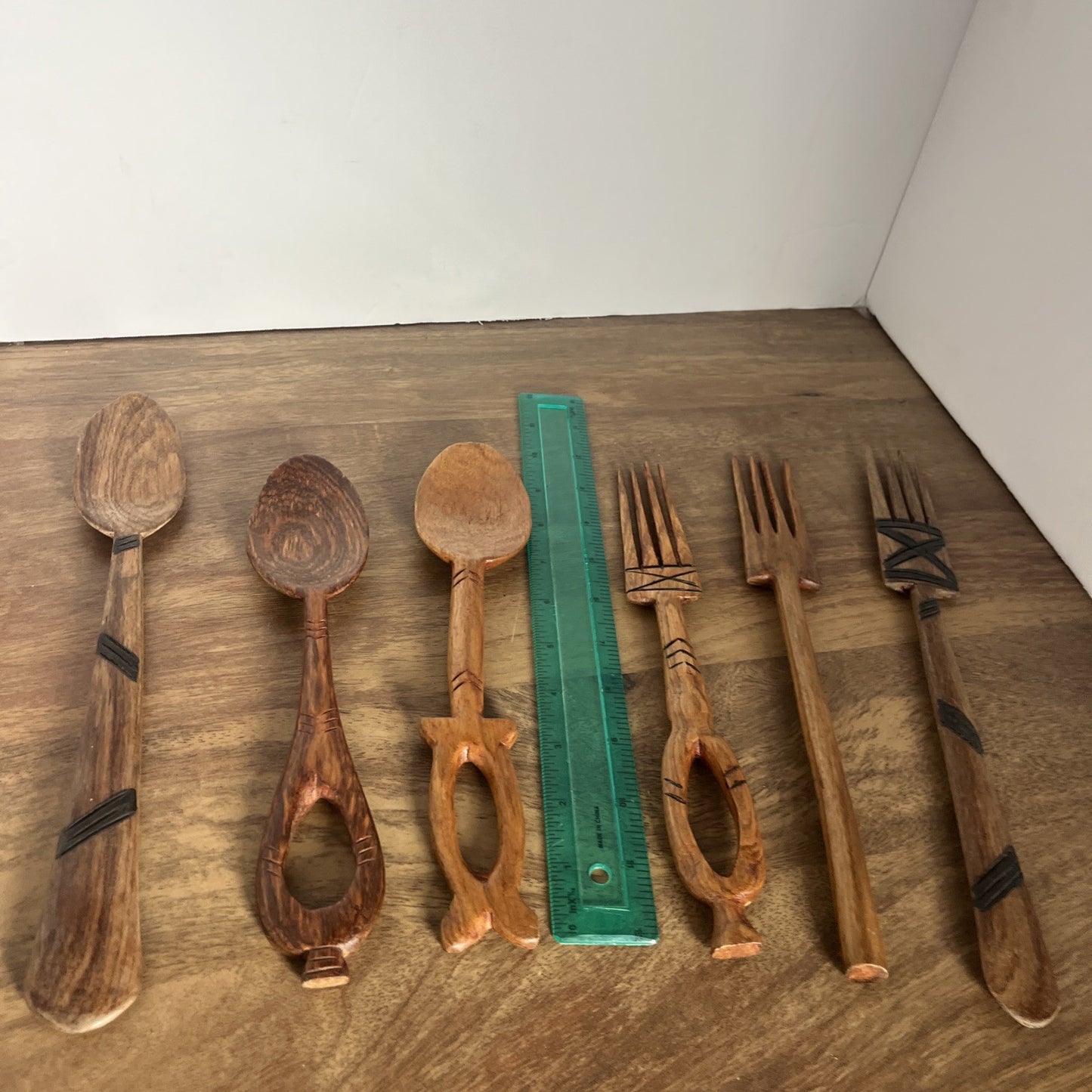 Lot Of 6 Hand Carved Wood Utensils 3 Spoons 3 Forks 10” To 12” Long