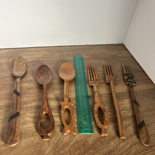 Lot Of 6 Hand Carved Wood Utensils 3 Spoons 3 Forks 10” To 12” Long
