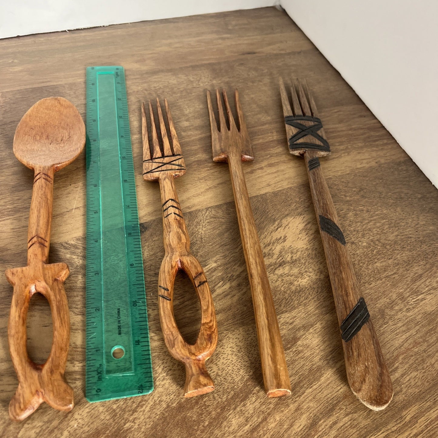 Lot Of 6 Hand Carved Wood Utensils 3 Spoons 3 Forks 10” To 12” Long