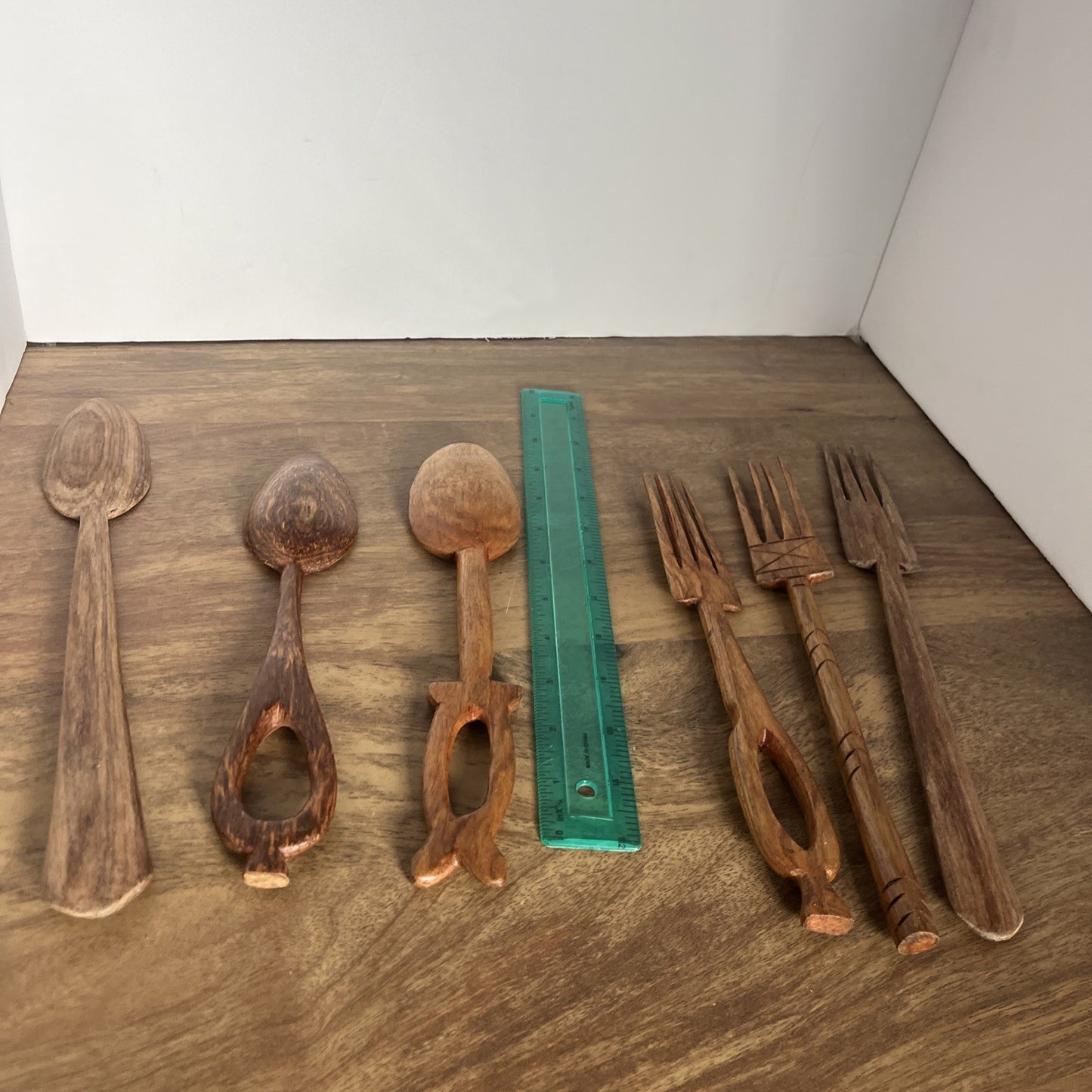 Lot Of 6 Hand Carved Wood Utensils 3 Spoons 3 Forks 10” To 12” Long