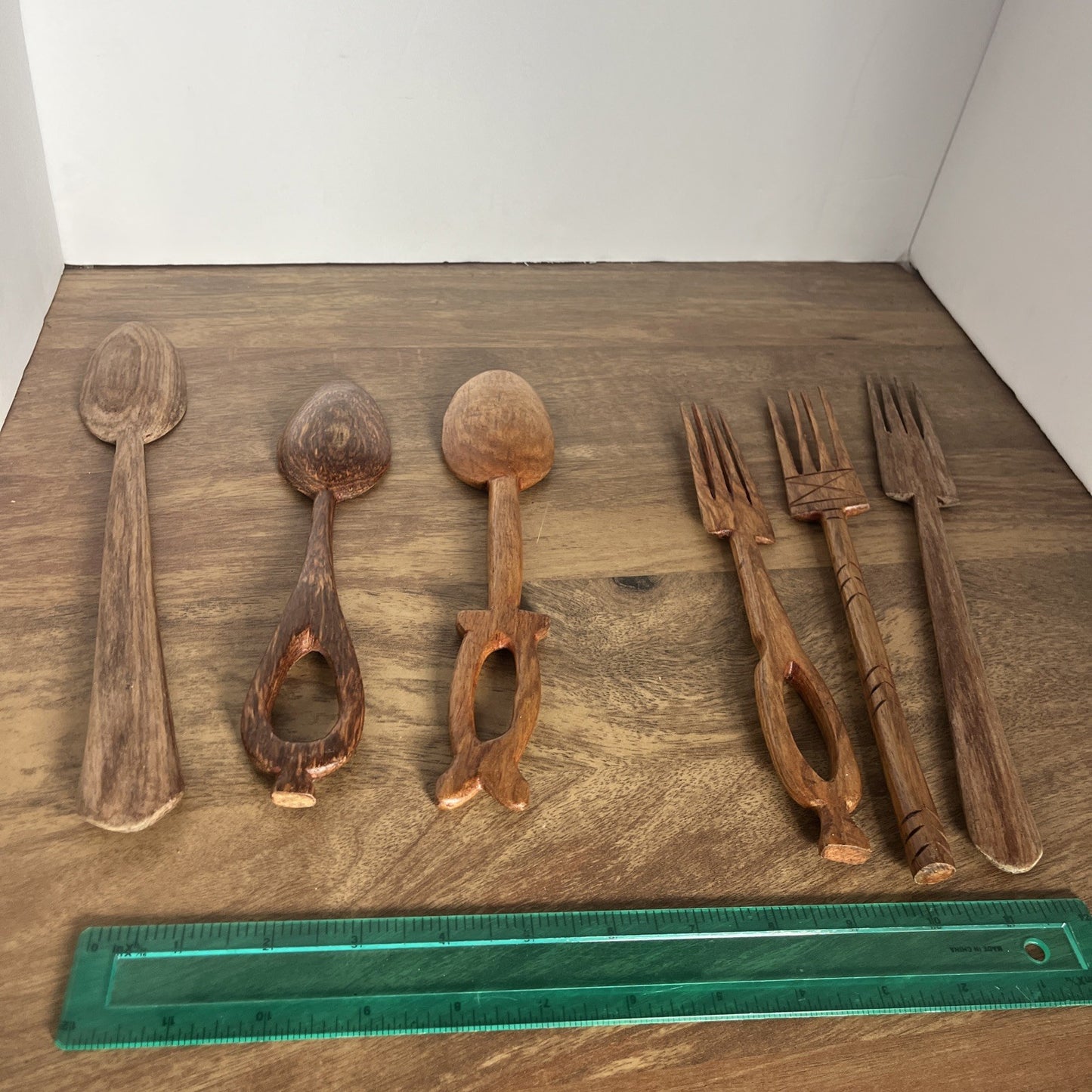 Lot Of 6 Hand Carved Wood Utensils 3 Spoons 3 Forks 10” To 12” Long